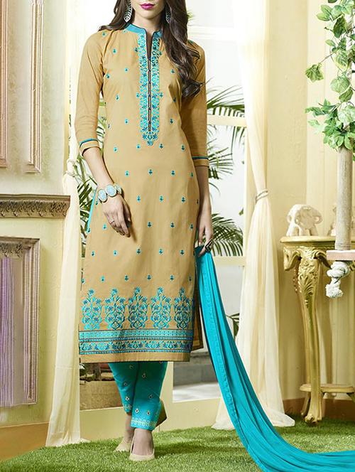Beige embroidered unstitched straight pant suit - 15114990 - Very Small Image - 1