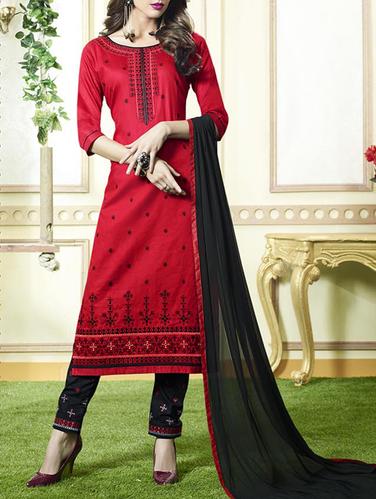 Red embroidered unstitched straight pant suit - 15114991 - Very Small Image - 1