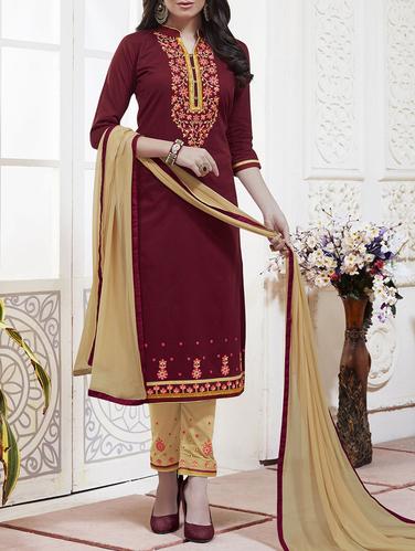 Maroon embroidered unstitched straight pant suit - 15114993 - Very Small Image - 1