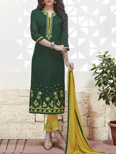 Green embroidered unstitched straight pant suit - 15114995 - Very Small Image - 1