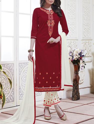 Red embroidered unstitched straight pant suit - 15114997 - Very Small Image - 1