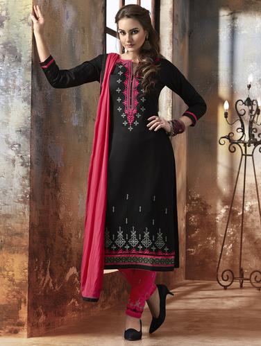 Black embroidered unstitched straight pant suit - 15115002 - Very Small Image - 1