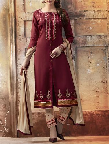 Maroon embroidered unstitched straight pant suit - 15115003 - Very Small Image - 1