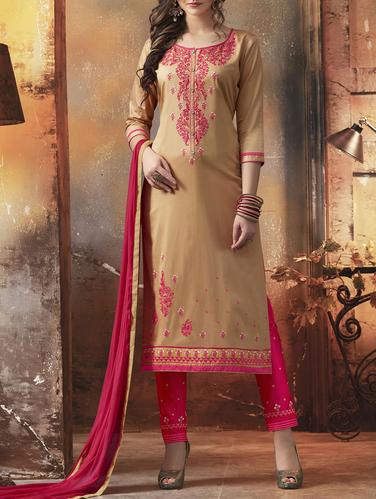 Beige embroidered unstitched straight pant suit - 15115008 - Very Small Image - 1