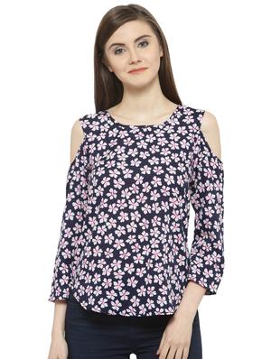 navy blue floral crepe top - 15115255 - Standard Image - 1