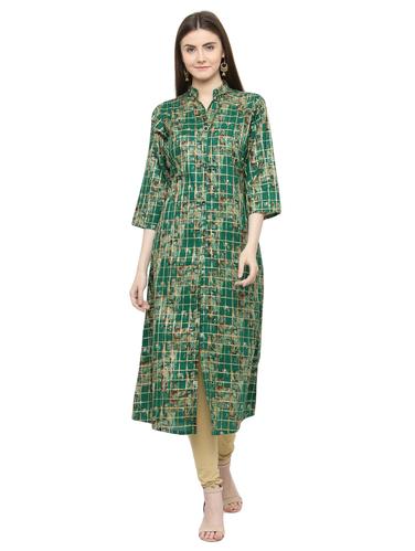 green cotton checks a-line kurta - 15115334 - Very Small Image - 1