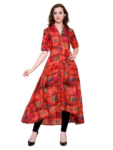 Red cotton high-low kurta - 15115337 - Very Small Image - 1