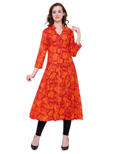 Red cotton flared kurta - 15115341 - Very Small Image - 1