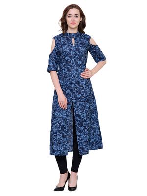 blue rayon cold sleeves a-line kurta - 15115346 - Standard Image - 1
