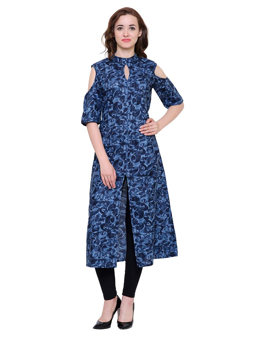 blue rayon cold sleeves a-line kurta - 15115346 - Zoom Image - 1