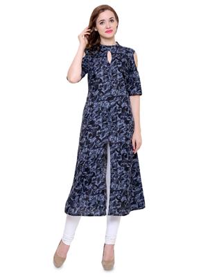 Blue rayon cold sleeves a-line kurta - 15115347 - Standard Image - 1