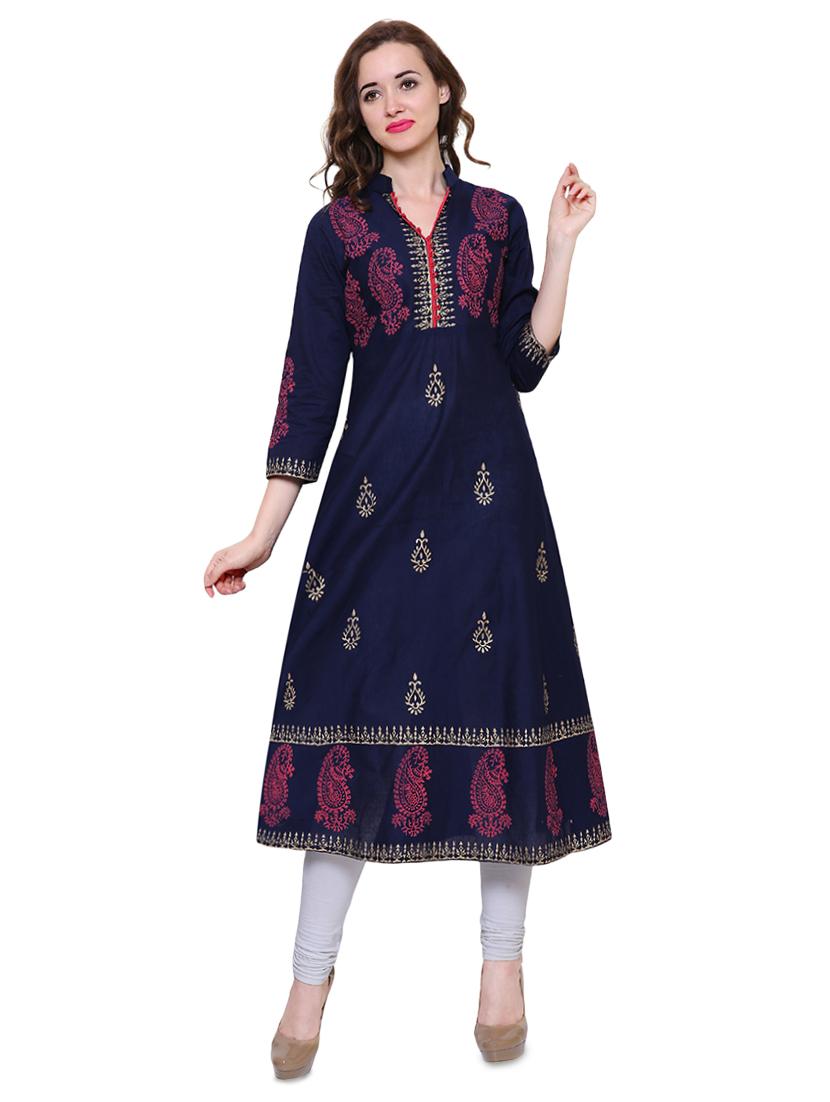 blue cotton flared kurta - 15115348 - Zoom Image - 1