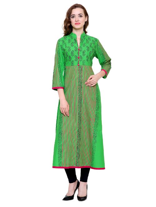 green cotton a-line kurta - 15115350 - Standard Image - 1