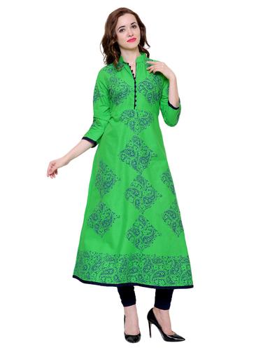 Green cotton a-line kurta - 15115351 - Very Small Image - 1