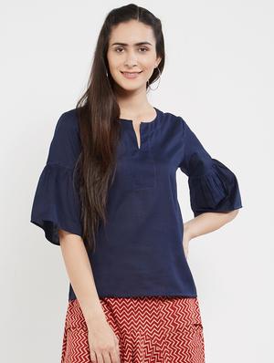navy blue solid cotton top - 15116260 - Standard Image - 1