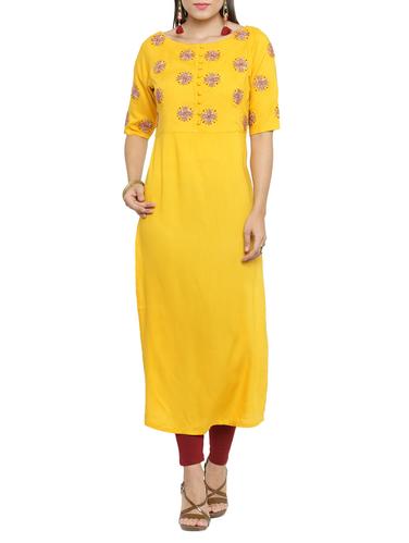 yellow rayon straight kurti - 15117154 - Very Small Image - 1