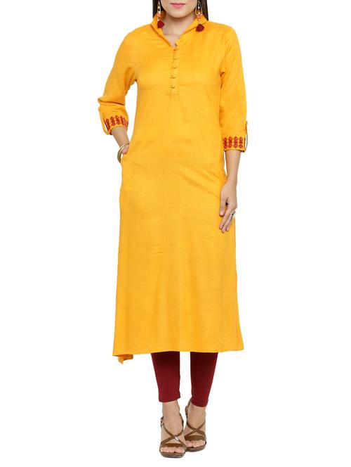 yellow rayon straight kurti - 15117158 - Very Small Image - 1