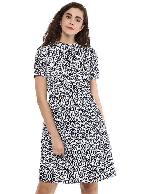 navy blue printed crepe a-line dress - 15117162 - Standard Image - 1