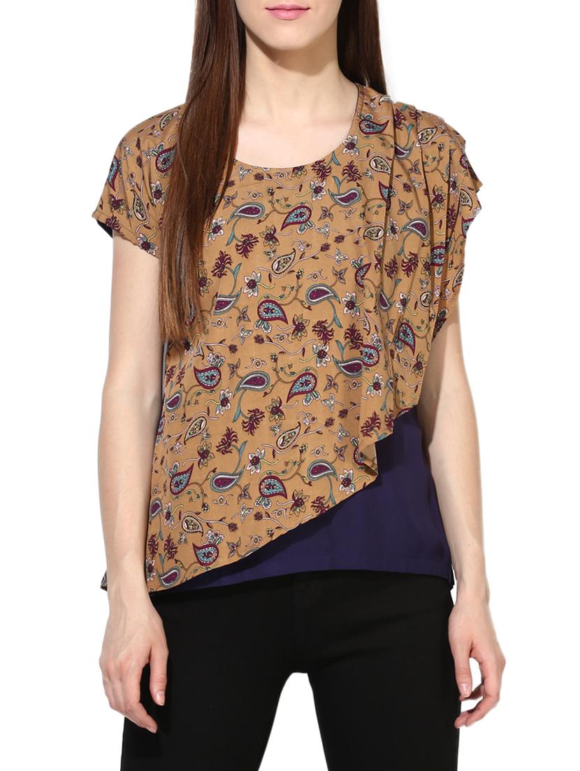 brown printed rayon layered top - 15117445 - Zoom Image - 1