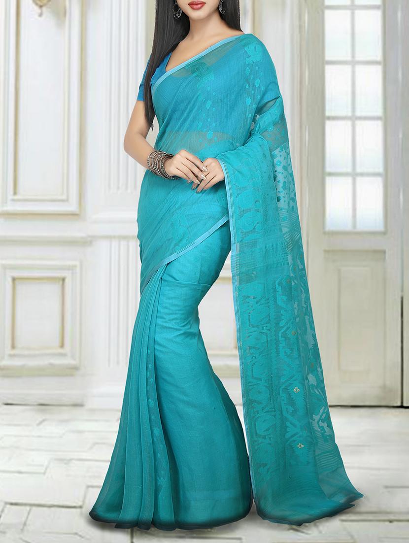 turquoise cotton silk jamdani saree - 15118417 - Zoom Image - 1