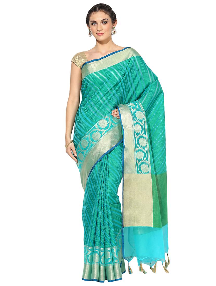 turquoise cotton silk woven saree with blouse - 15118905 - Zoom Image - 1