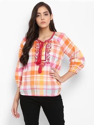 orange checkered cotton blouson top - 15119329 - Standard Image - 1
