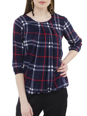 Pleated neck checked blouson top - 15120840 - Standard Image - 1