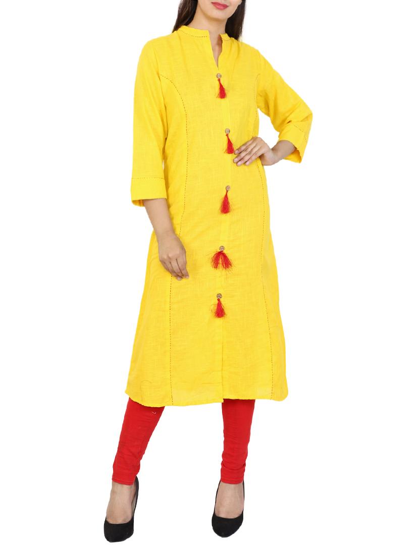 yellow viscose straight kurta - 15121003 - Zoom Image - 1