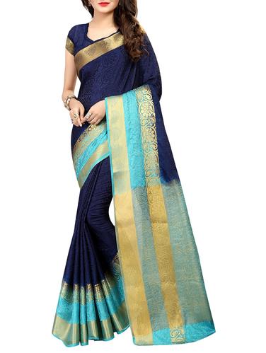 blue silk blend woven saree with blouse - 15121227 - Very Small Image - 1