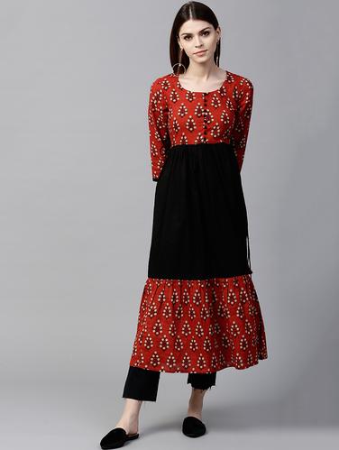 black cotton tiered kurta - 15122094 - Very Small Image - 1