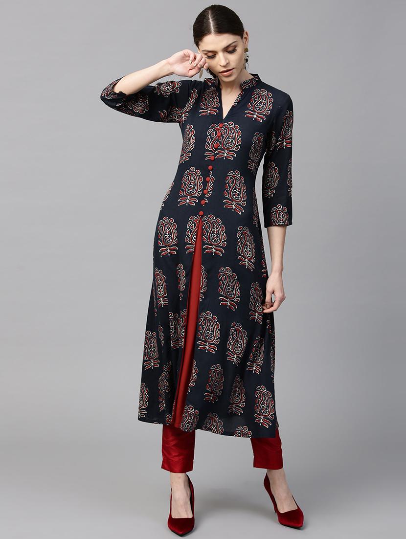 blue rayon aline kurta - 15122095 - Zoom Image - 1