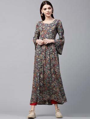 Blue rayon flared kurta - 15122101 - Standard Image - 1