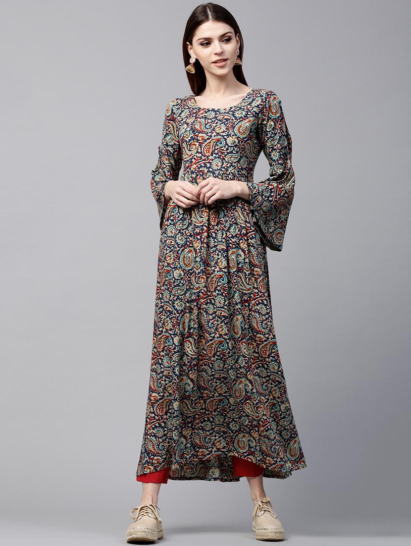 Blue rayon flared kurta - 15122101 - Zoom Image - 1