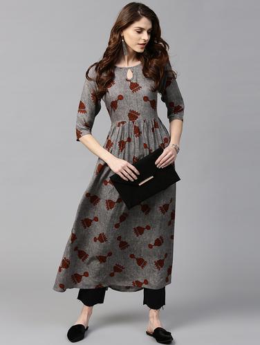 grey rayon flared kurta - 15122109 - Very Small Image - 1