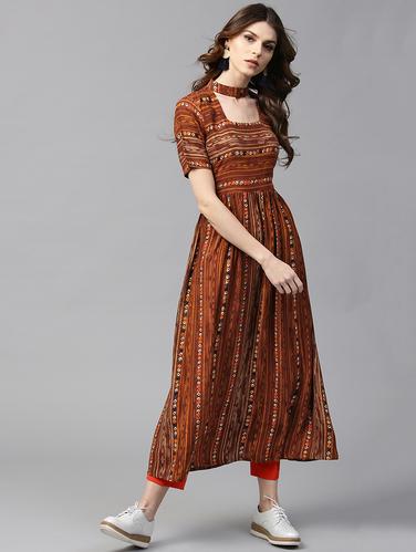 brown rayon flared kurta - 15122113 - Very Small Image - 1