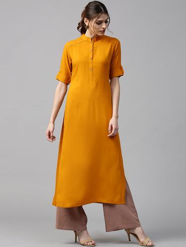 yellow rayon straight kurta - 15122114 - Very Small Image - 1
