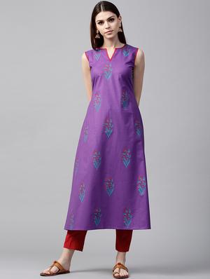purple cotton aline kurta - 15122125 - Standard Image - 1