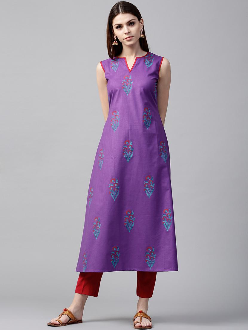 purple cotton aline kurta - 15122125 - Zoom Image - 1
