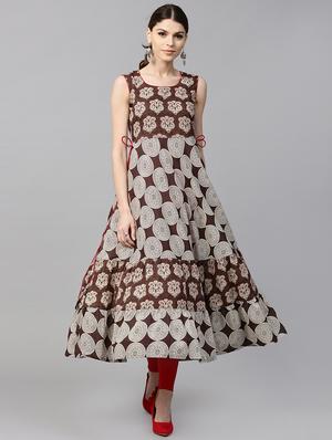 brown cotton flared kurta - 15122127 - Standard Image - 1