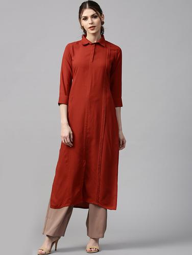 Maroon rayon straight kurta - 15122129 - Very Small Image - 1