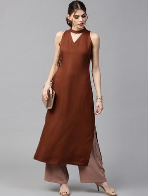 brown rayon aline kurta - 15122133 - Standard Image - 1