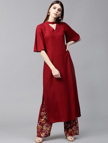 maroon rayon straight kurta - 15122135 - Very Small Image - 1