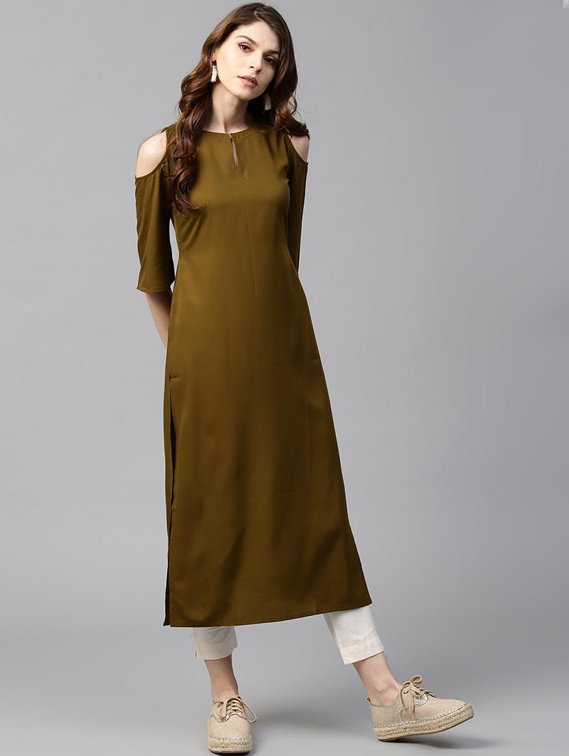 green crepe straight kurta - 15122141 - Zoom Image - 1
