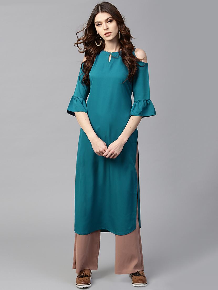 blue crepe straight kurta - 15122142 - Zoom Image - 1
