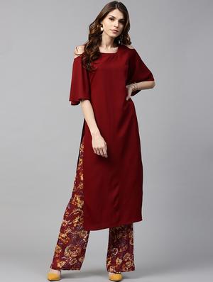 maroon crepe straight kurta - 15122143 - Standard Image - 1