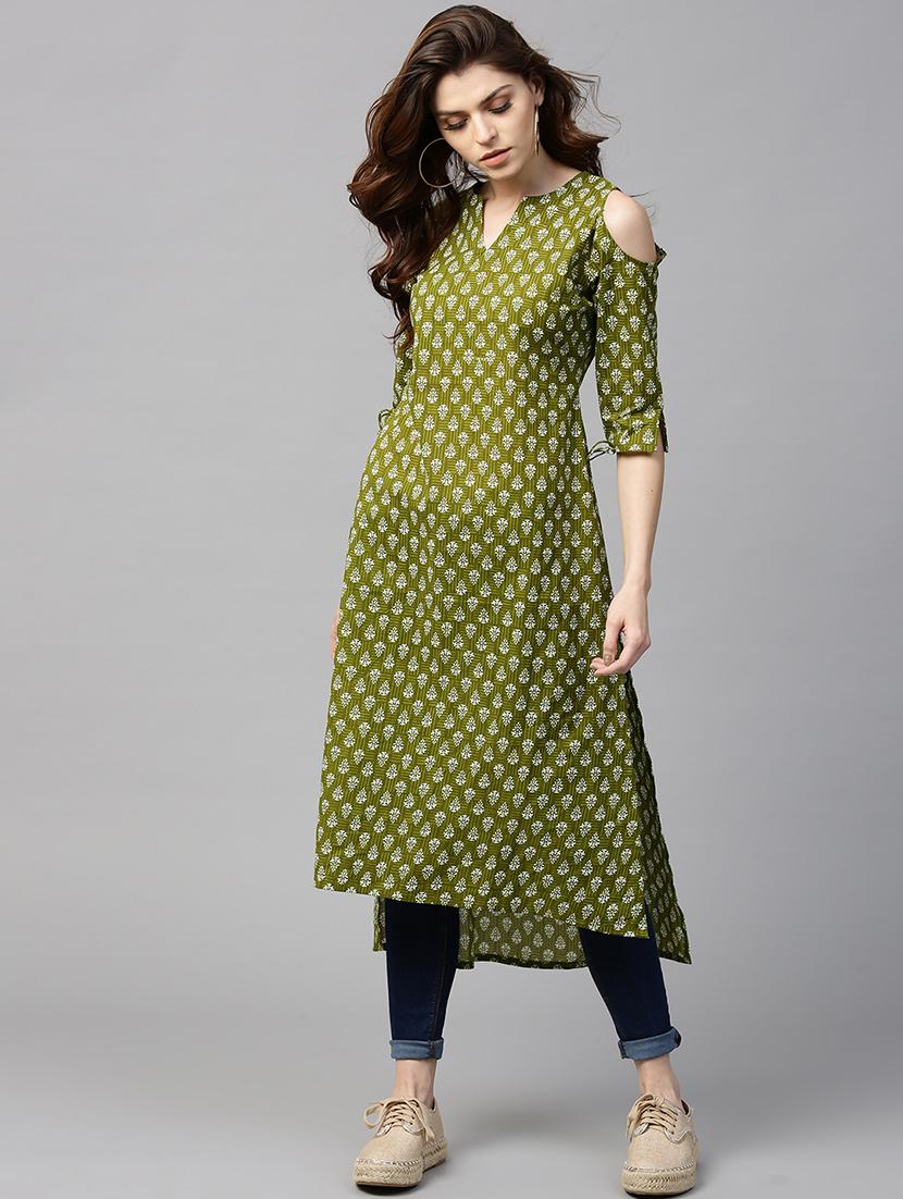 green cotton aline kurta - 15122149 - Zoom Image - 1