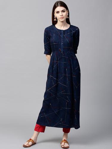 blue rayon flared kurta - 15122156 - Very Small Image - 1