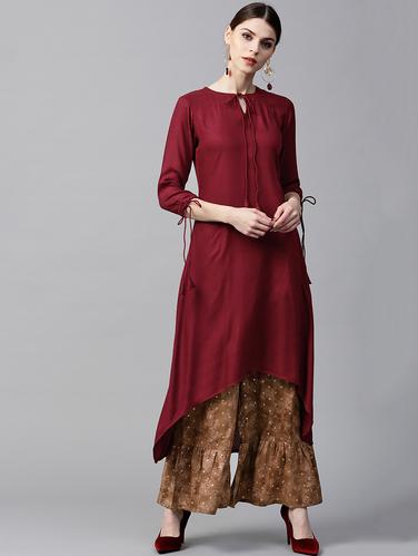red rayon kurta palazzo set - 15122167 - Very Small Image - 1
