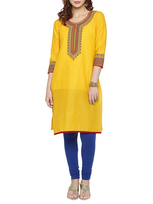 yellow cotton straight kurta - 15122348 - Standard Image - 1