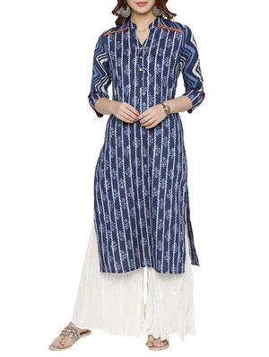 blue cotton straight kurta - 15122364 - Standard Image - 1